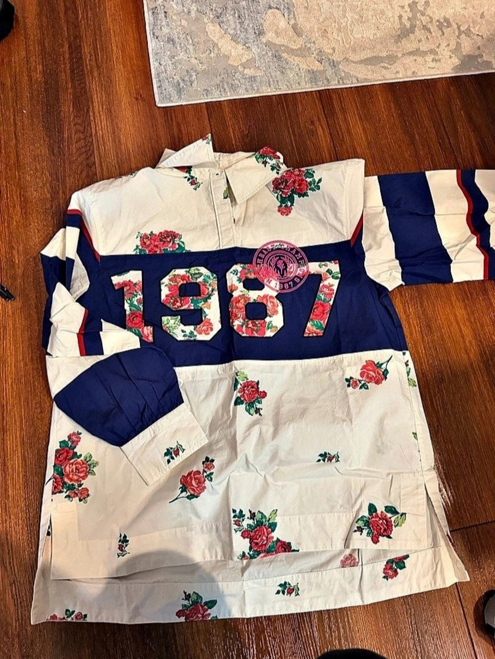 Maeve Floral Color Block floral Top in White & Blue Size Medium NWT 1987